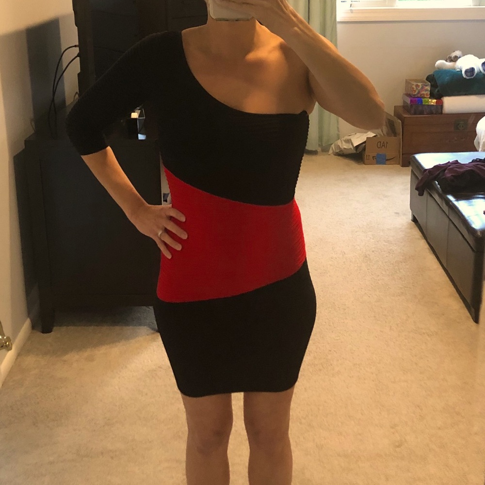 Bebe red & black, 1-shoulder, ribbed band dress, S